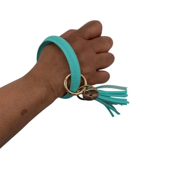 Mint Green Leather Tassel Bangle Keychain With Sunburst Charm & Rings Wristlet - Picture 4 of 4